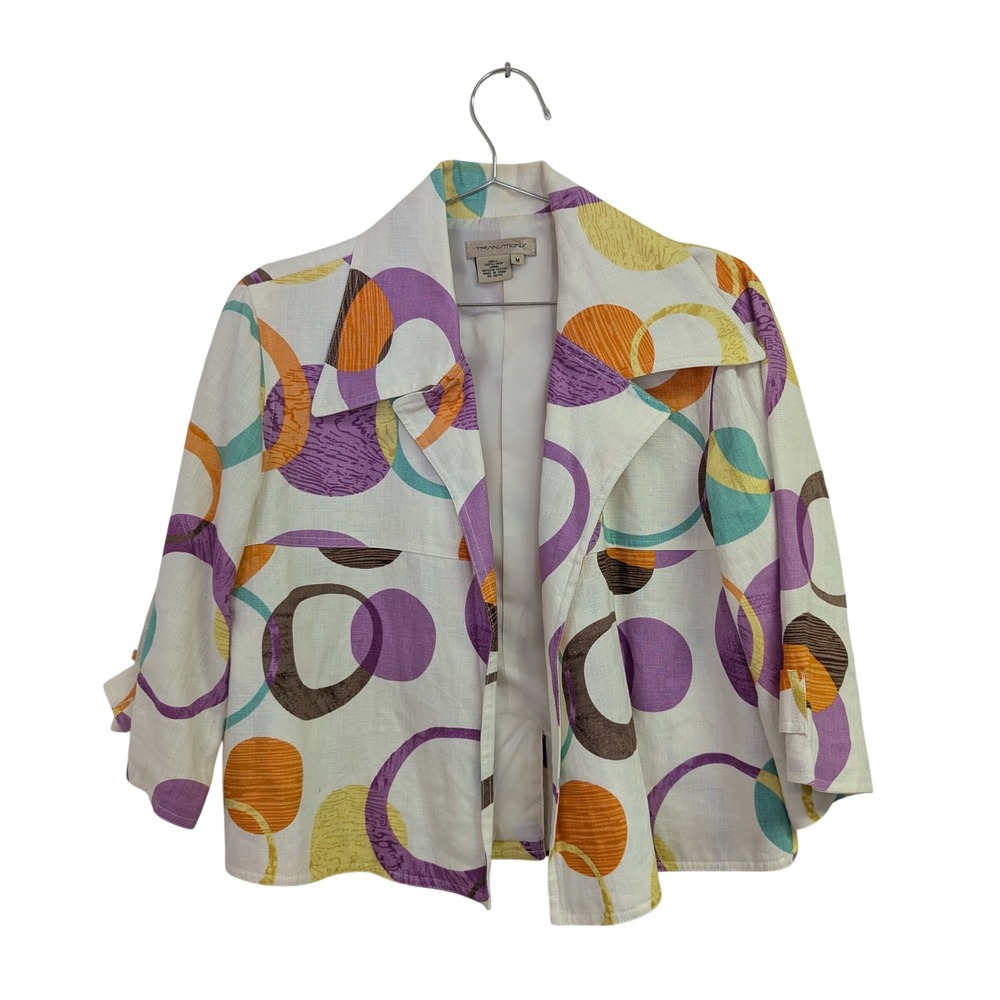 VTG Vintage‎ Transitions Blazer Jacket Linen Retro MCM Mod Multicolor Circles M